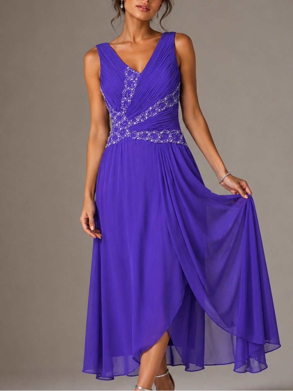 Alex Evenings embellished pleated bodice chiffon gown in purple